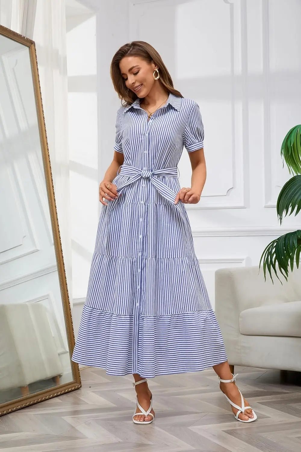 Women's Striped Button-Down Tiered Ruffle Maxi Shirt Dress