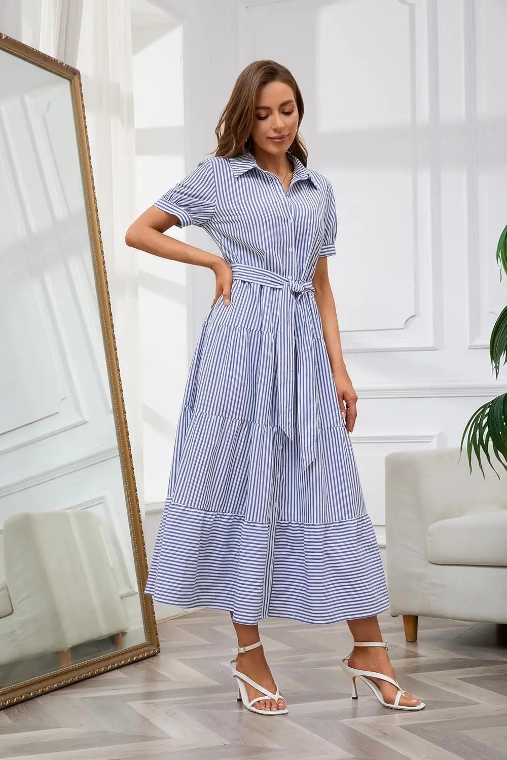 Women's Striped Button-Down Tiered Ruffle Maxi Shirt Dress