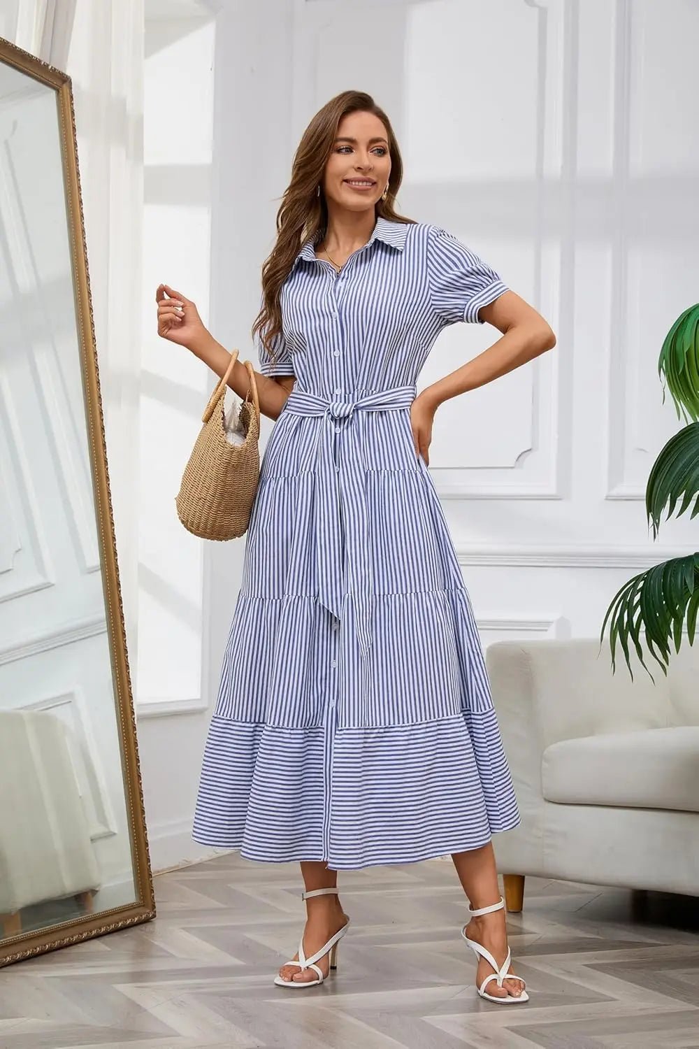 Women's Striped Button-Down Tiered Ruffle Maxi Shirt Dress