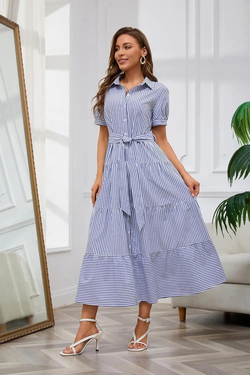 Women's Striped Button-Down Tiered Ruffle Maxi Shirt Dress