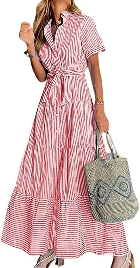 Women's Striped Button-Down Tiered Ruffle Maxi Shirt Dress - Red