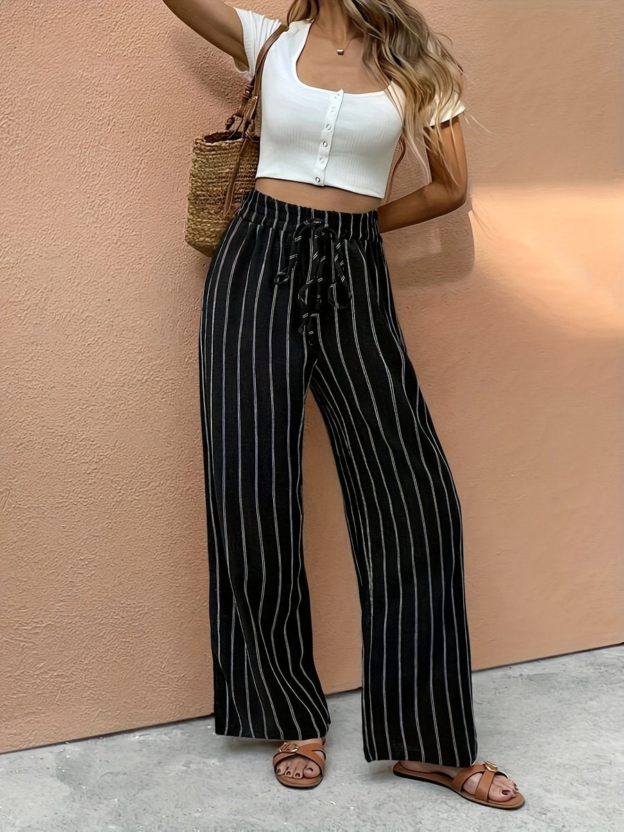 Women's Striped Linen-Style Drawstring Wide Leg Pants - Black