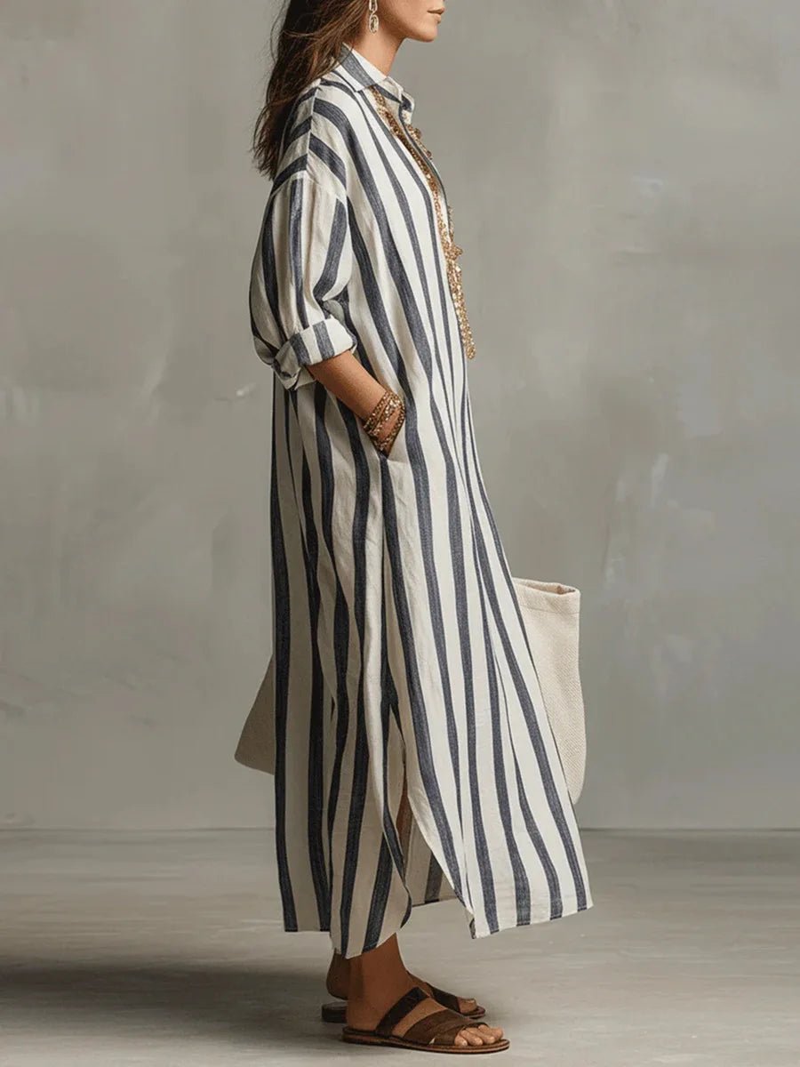 Women's Striped Oversized Linen Maxi Shirt Dress