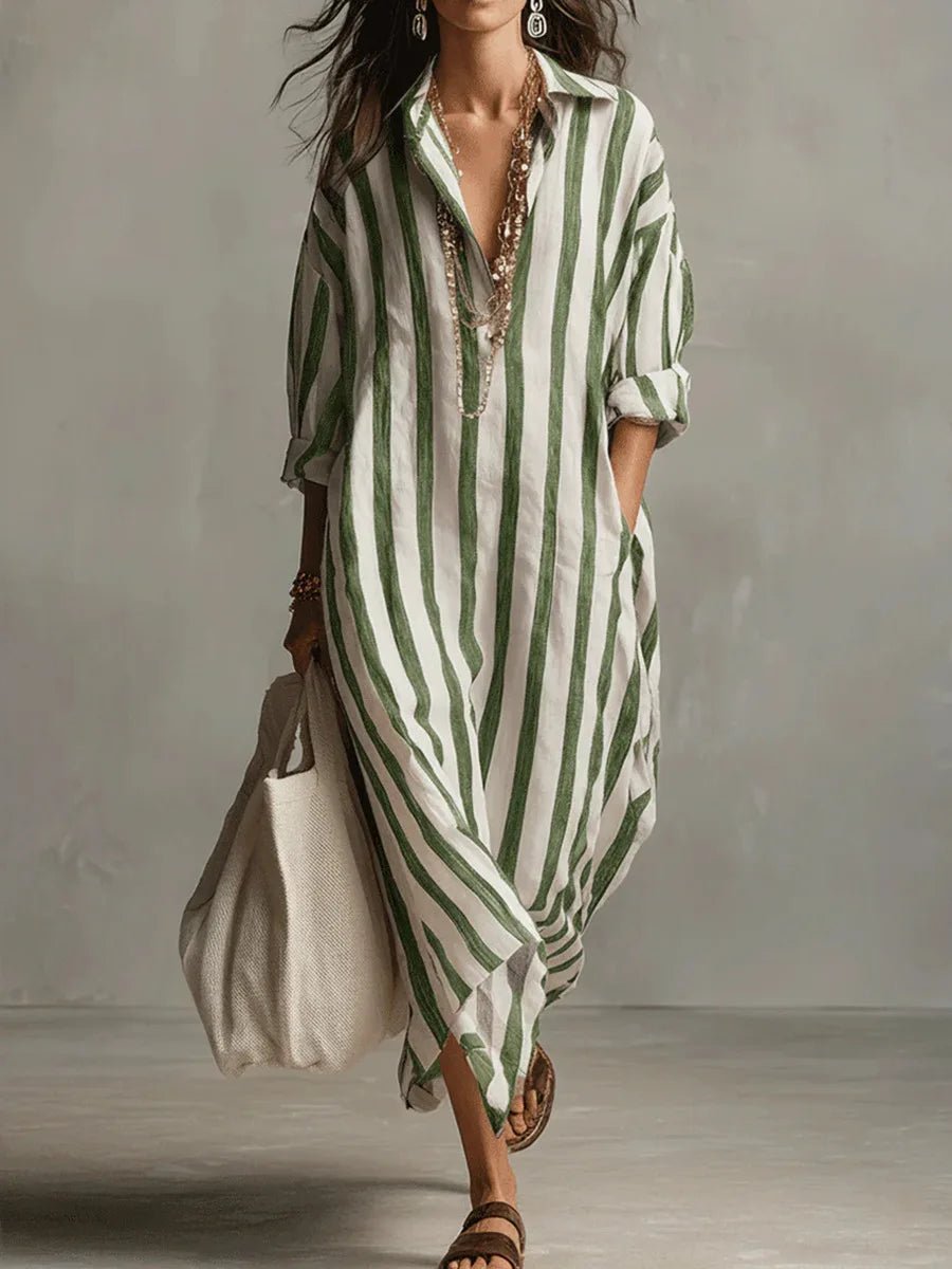 Women's Striped Oversized Linen Maxi Shirt Dress - Green