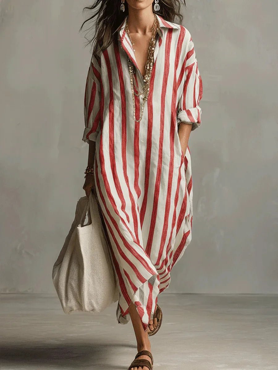Women's Striped Oversized Linen Maxi Shirt Dress - Red