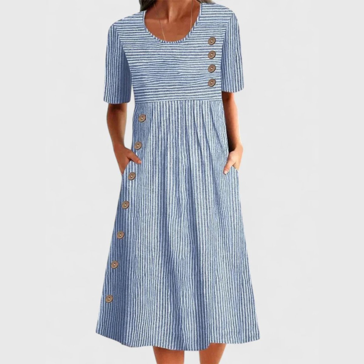 Women's Striped Short-Sleeve Button-Detail Midi Dress Pockets - Blue