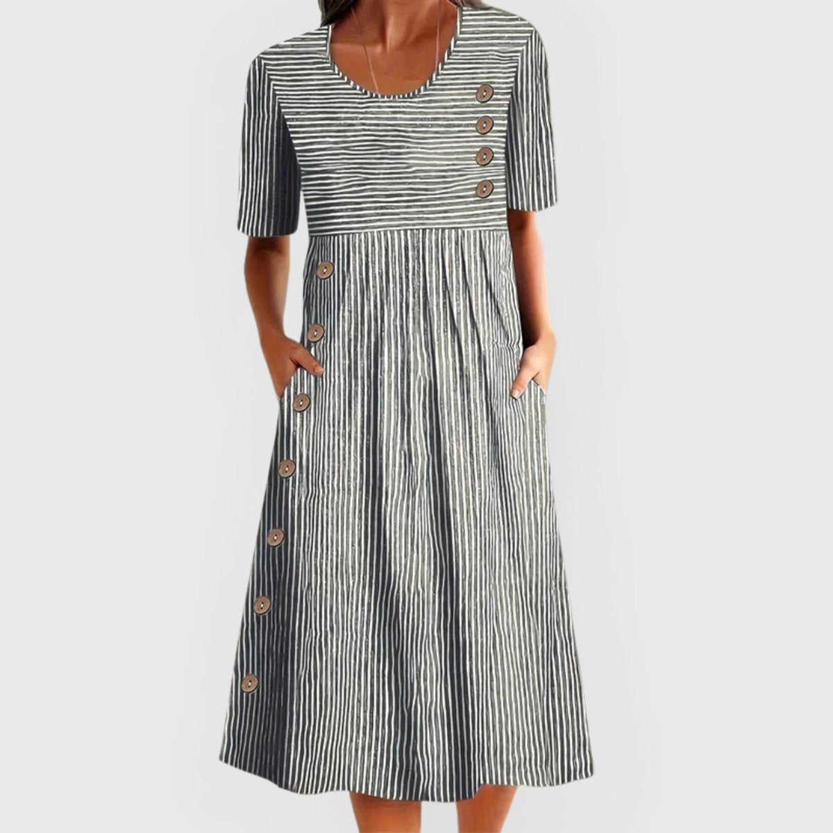 Women's Striped Short-Sleeve Button-Detail Midi Dress Pockets - Grey