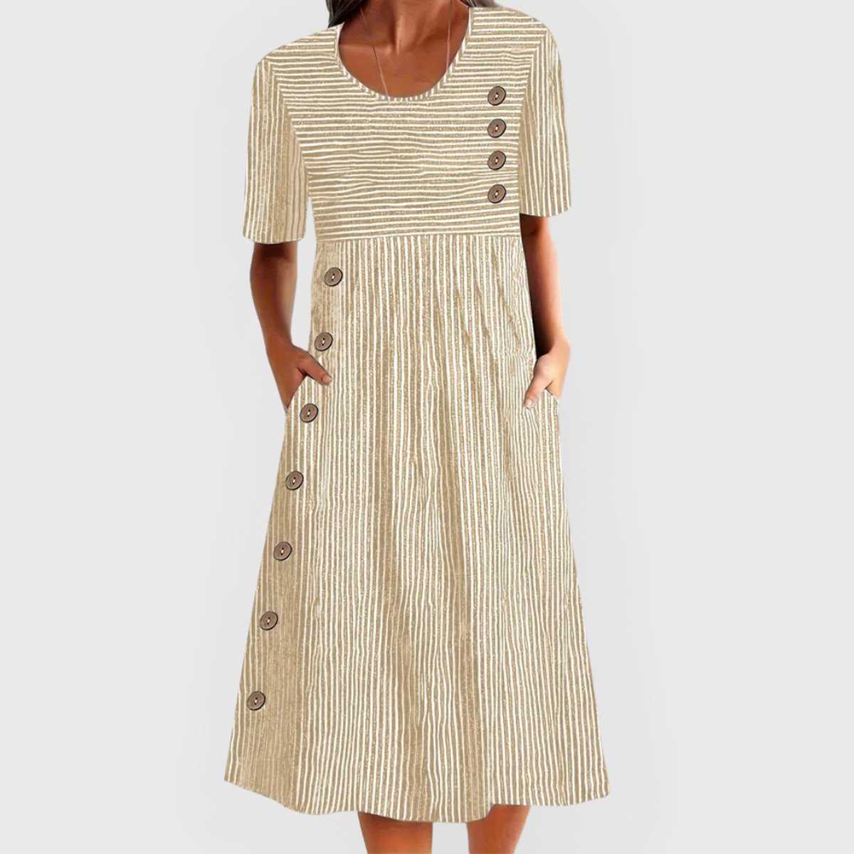Women's Striped Short-Sleeve Button-Detail Midi Dress Pockets - Beige