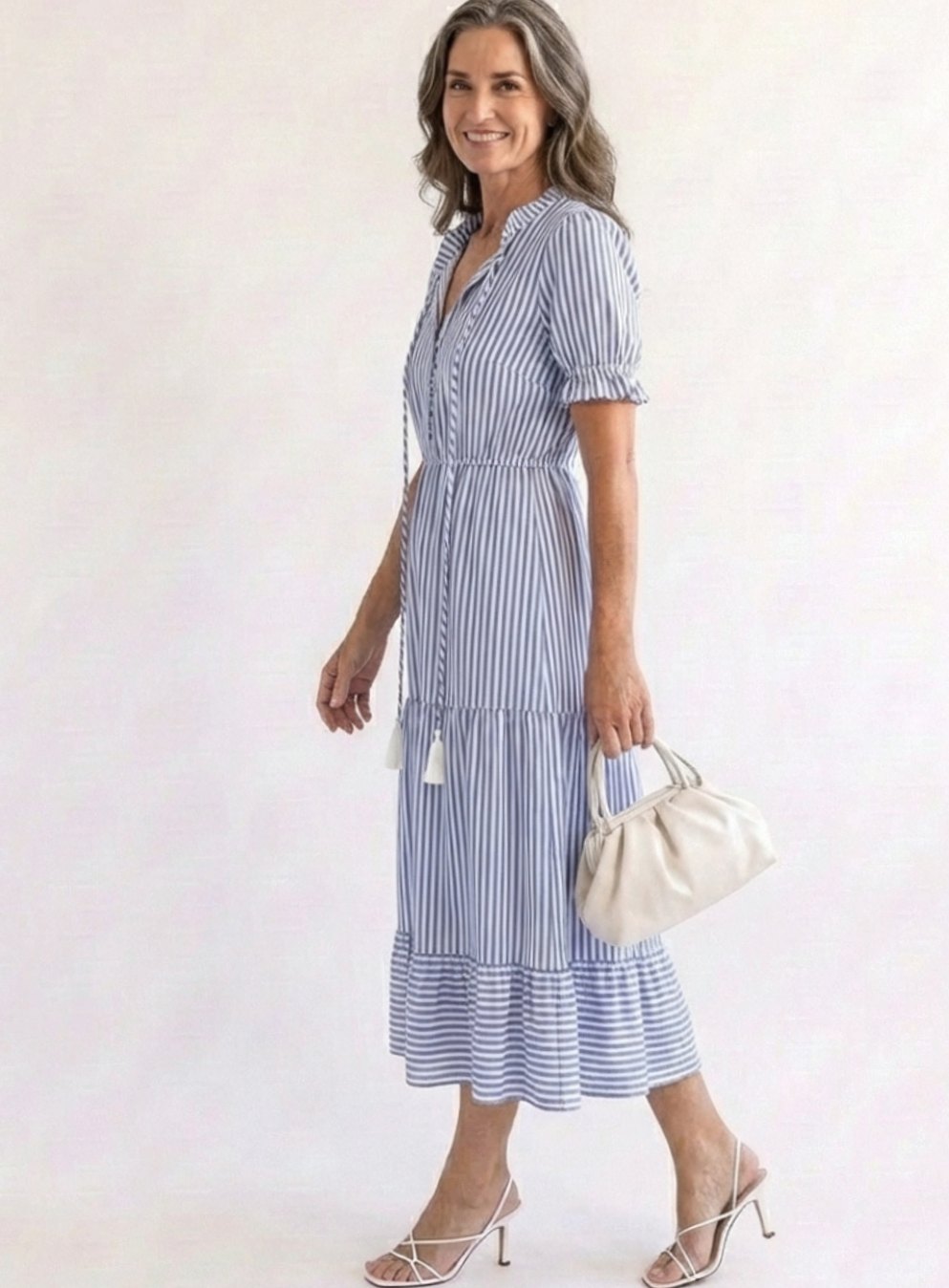 Women's Striped Tiered Midi Spring Dress V-Neck Short Sleeve