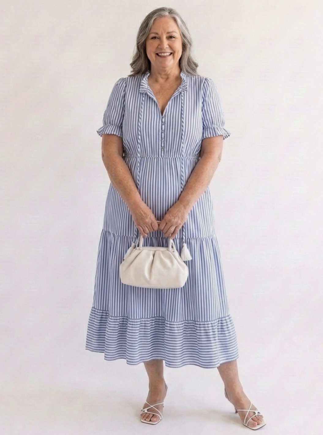 Women's Striped Tiered Midi Spring Dress V-Neck Short Sleeve