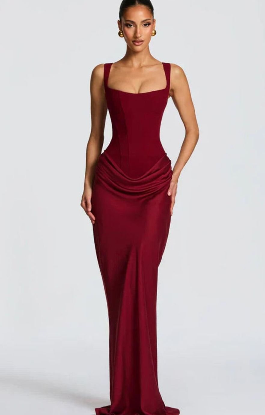 Women's Structured Bodice Square-Neck Draped Satin Maxi Dress - Red