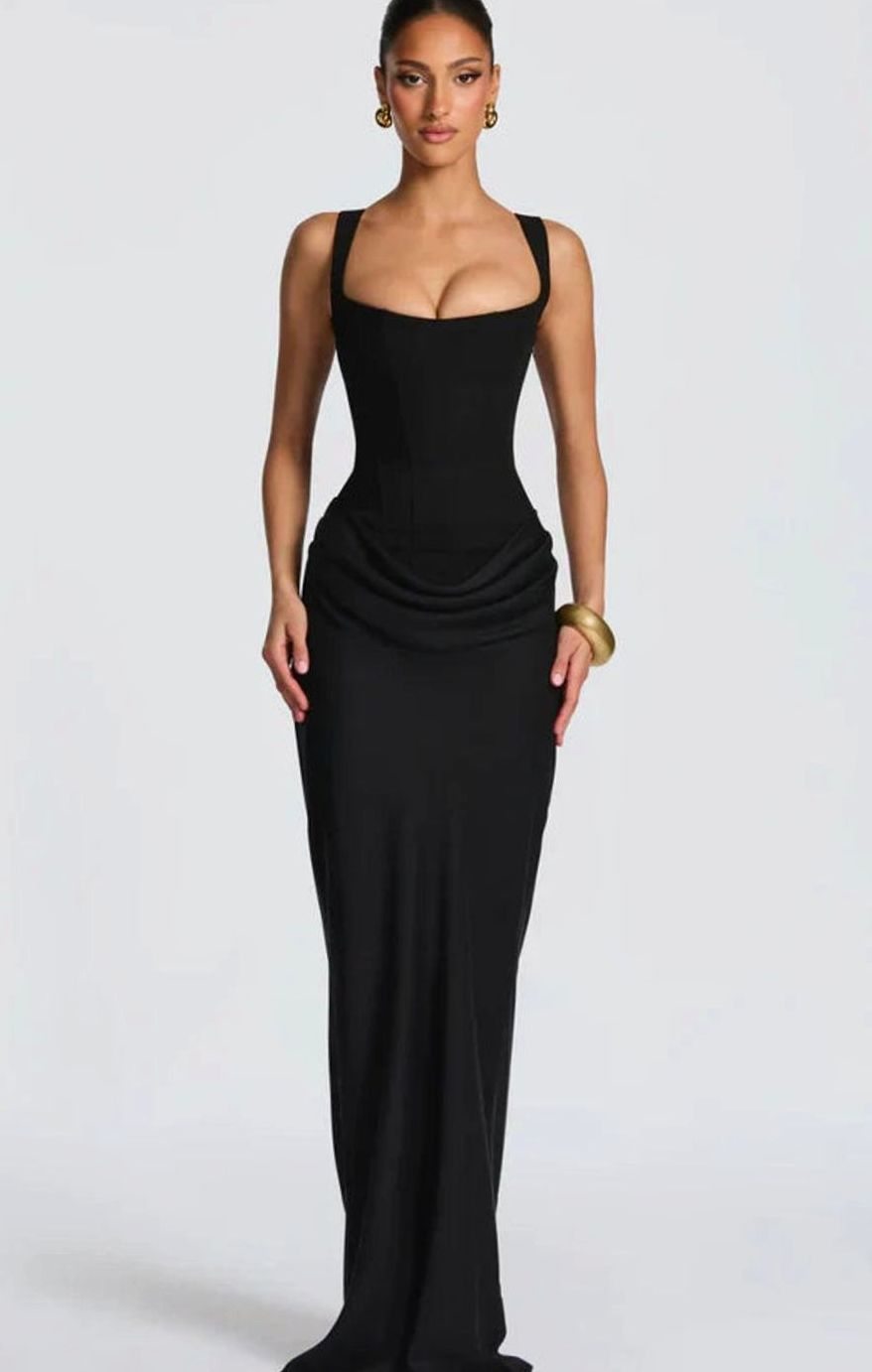 Women's Structured Bodice Square-Neck Draped Satin Maxi Dress - Black