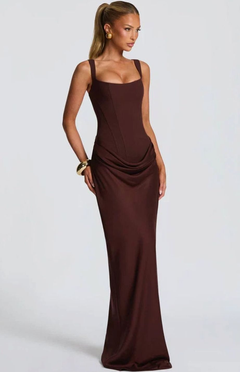 Women's Structured Bodice Square-Neck Draped Satin Maxi Dress - Brown