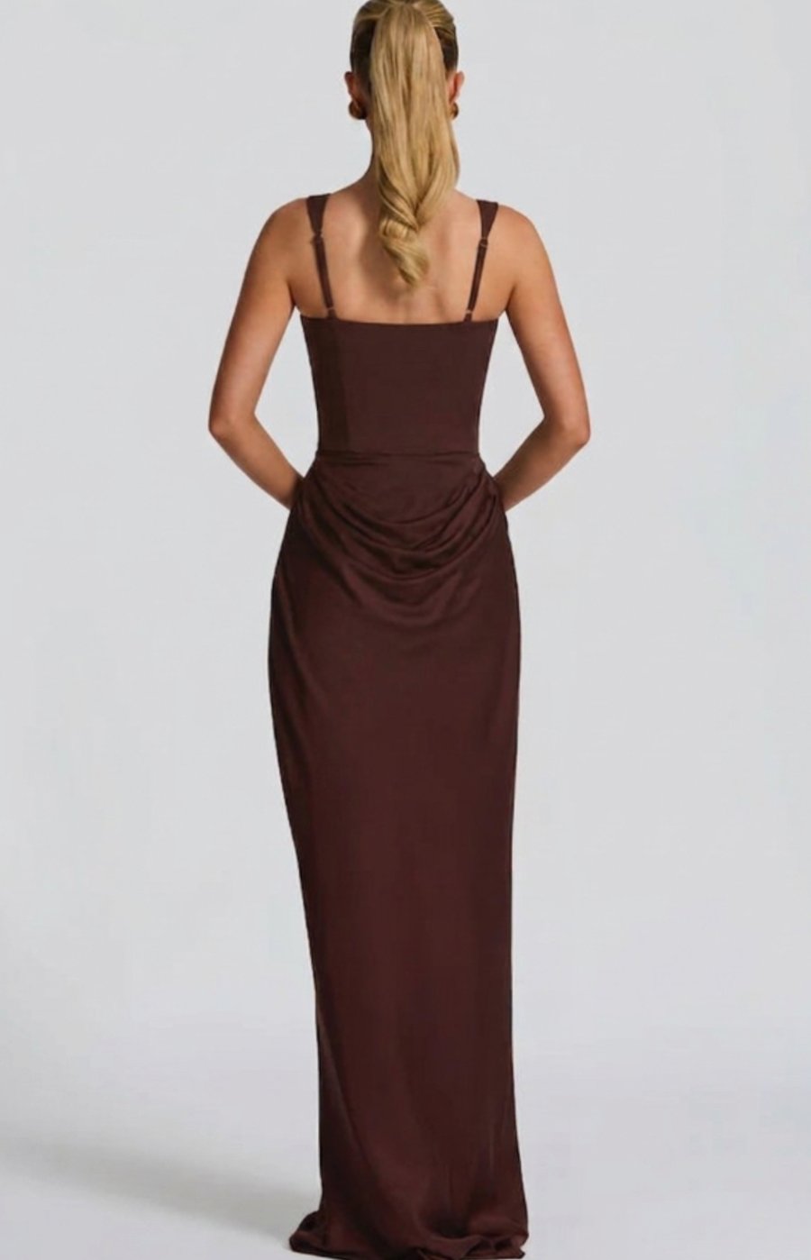 Women's Structured Bodice Square-Neck Draped Satin Maxi Dress