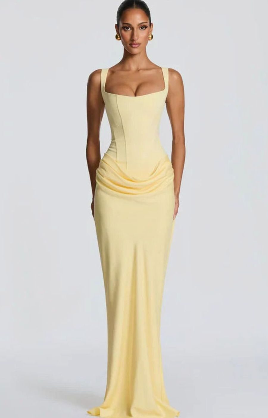 Women's Structured Bodice Square-Neck Draped Satin Maxi Dress - Light Yellow