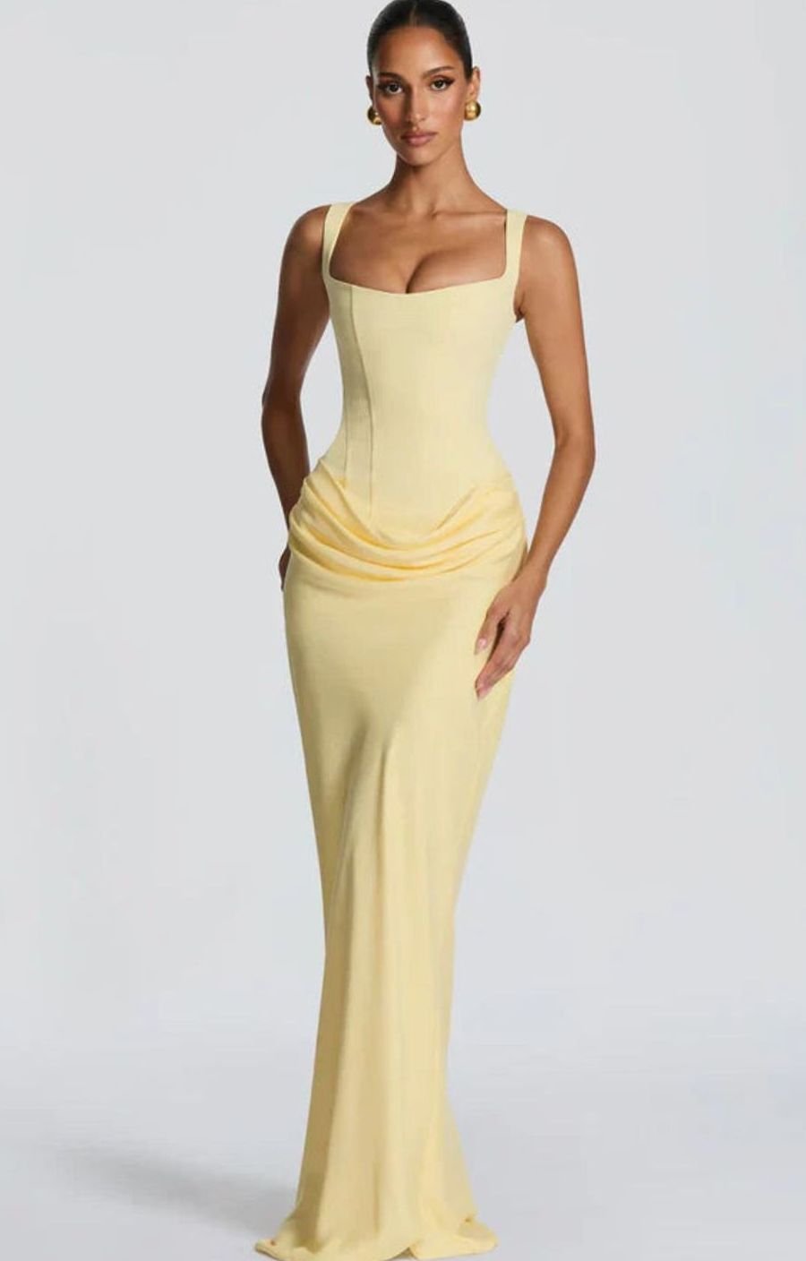 Women's Structured Bodice Square-Neck Draped Satin Maxi Dress