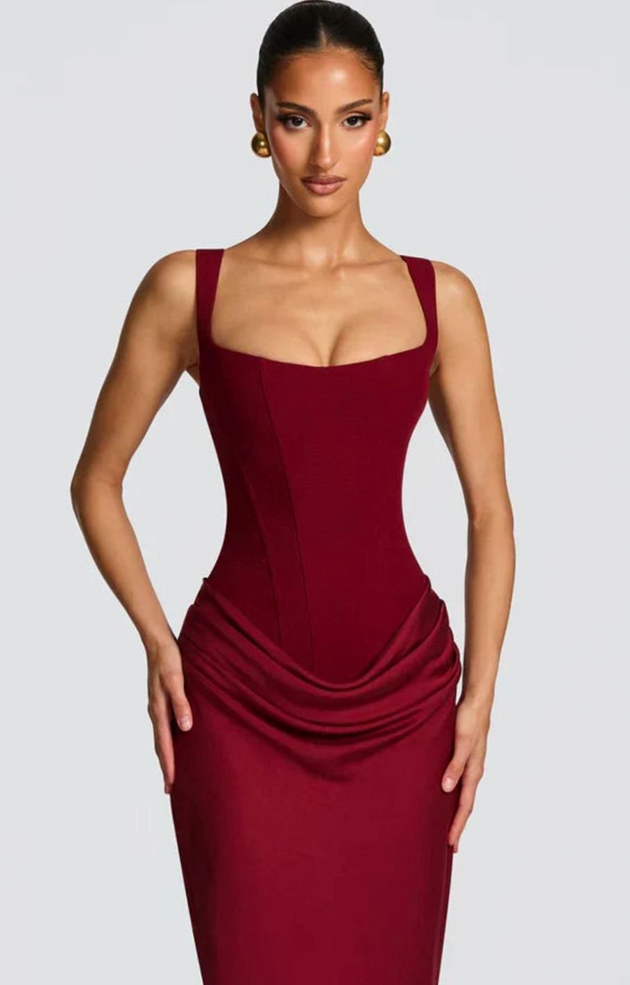 Women's Structured Bodice Square-Neck Draped Satin Maxi Dress