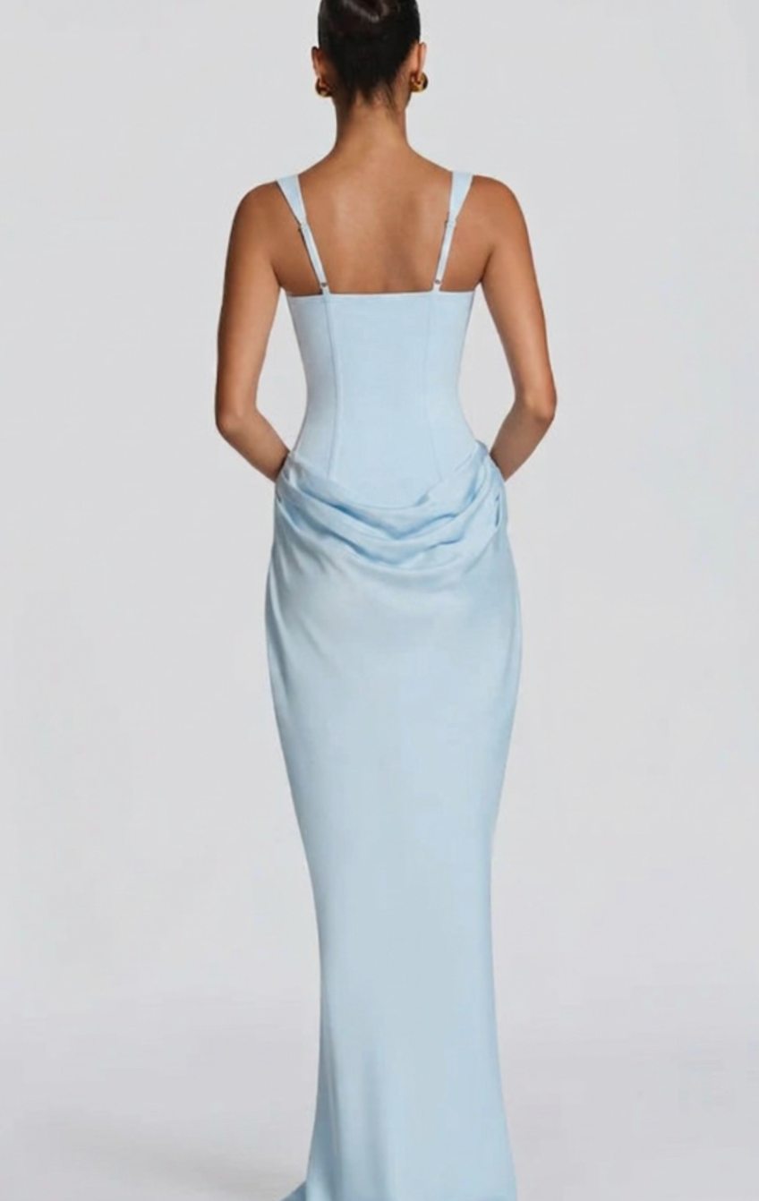 Women's Structured Bodice Square-Neck Draped Satin Maxi Dress