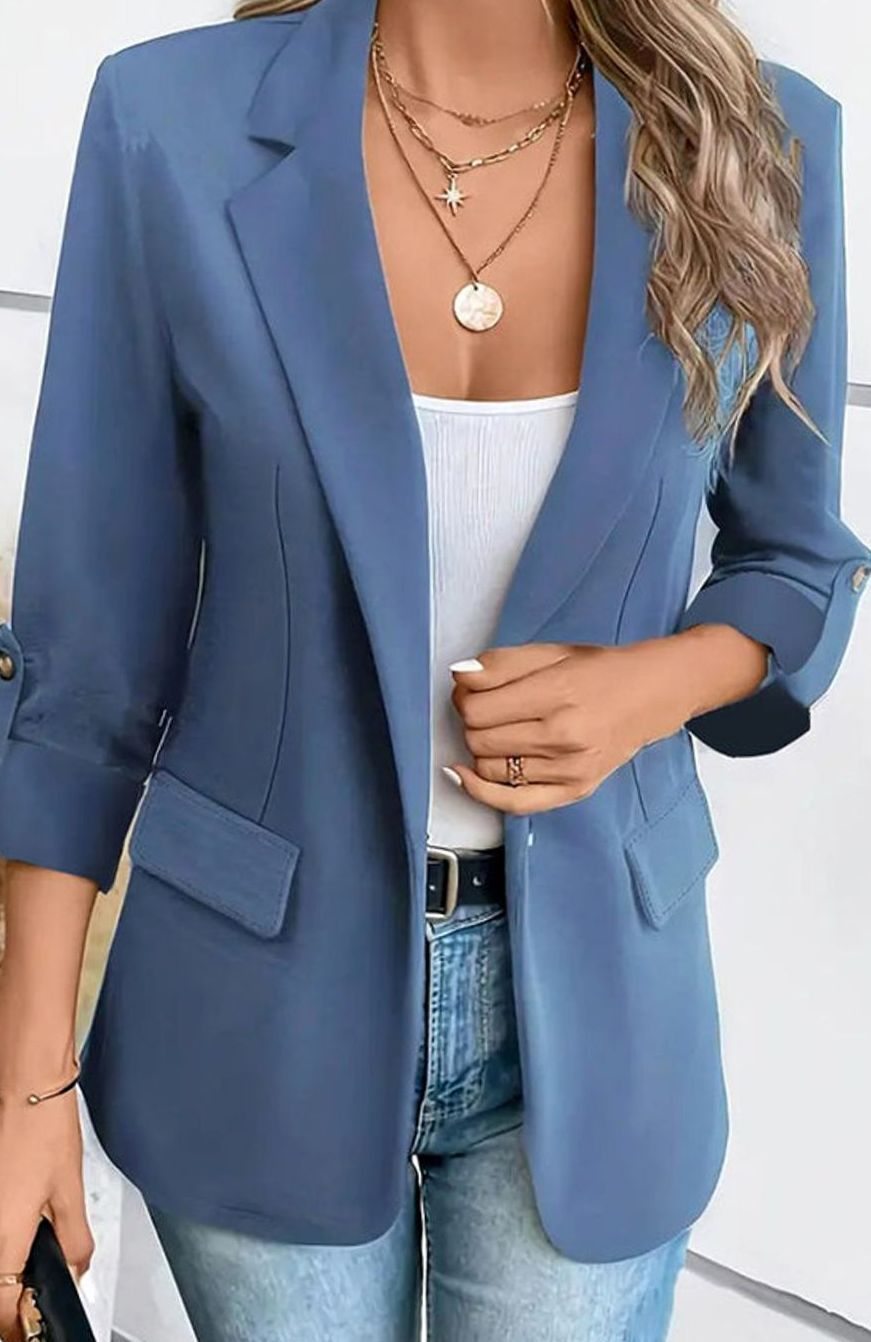 Women's Structured Notched Lapel Rolled Cuff Blazer - Blue