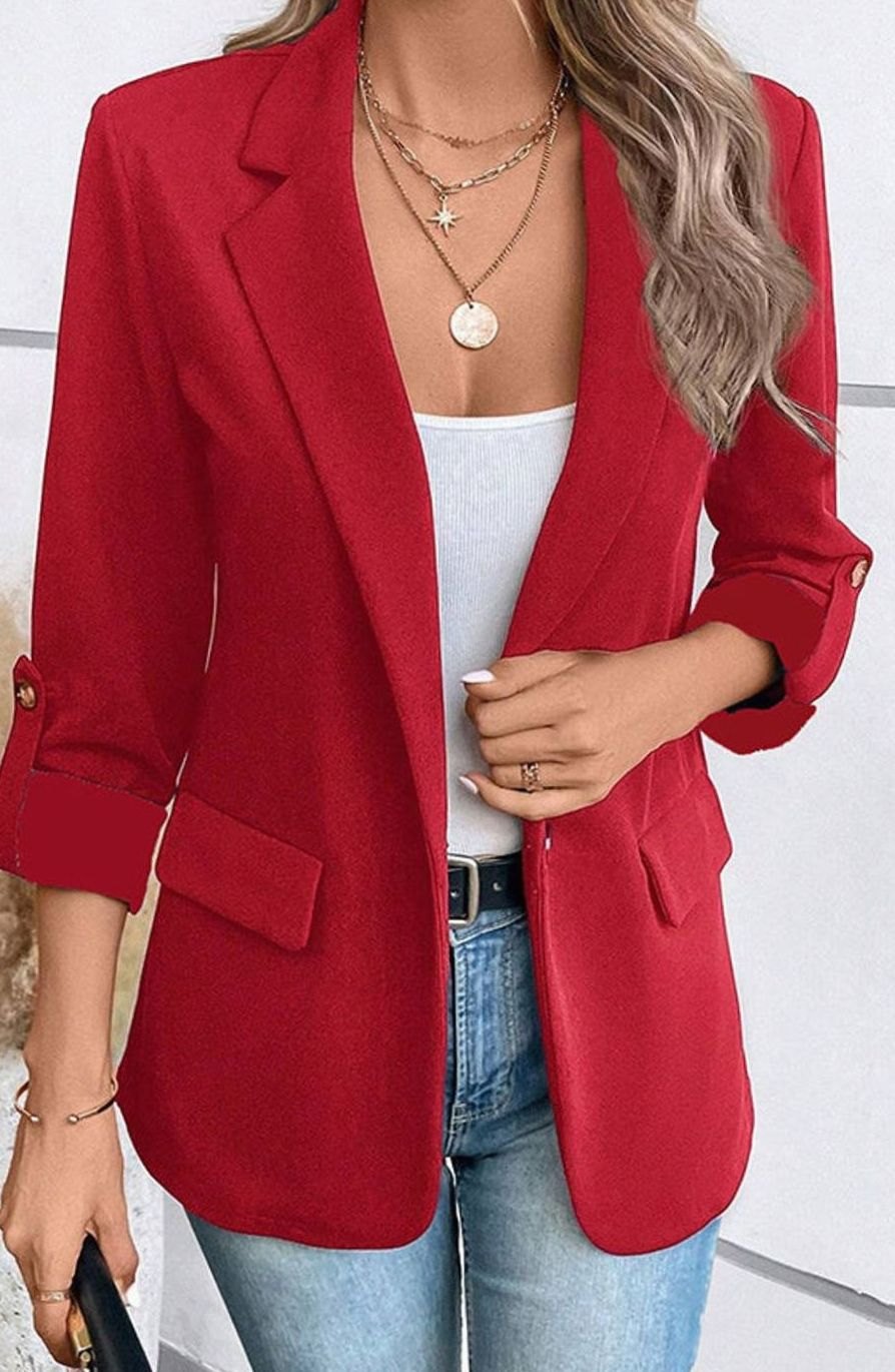 Women's Structured Notched Lapel Rolled Cuff Blazer - Red