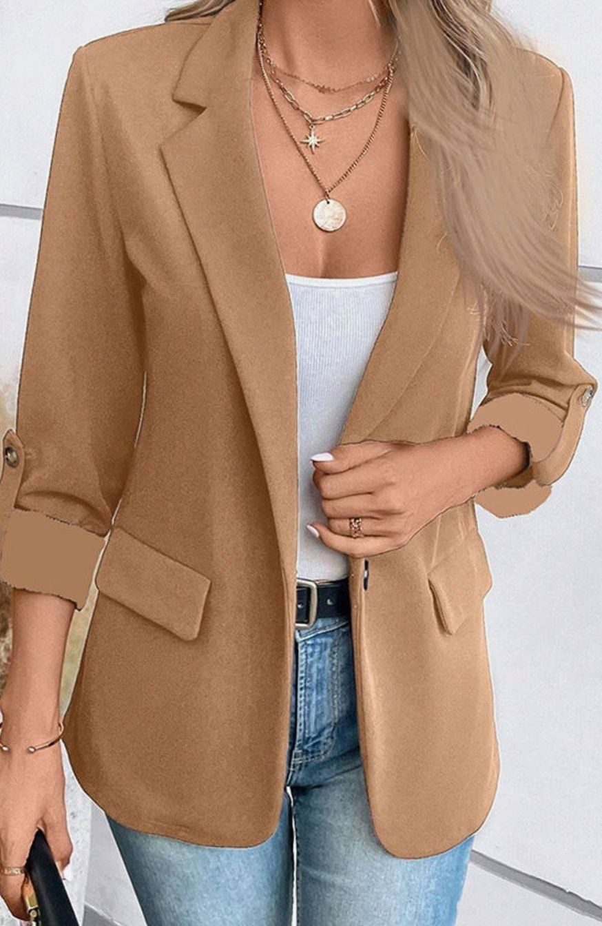 Women's Structured Notched Lapel Rolled Cuff Blazer - Khaki