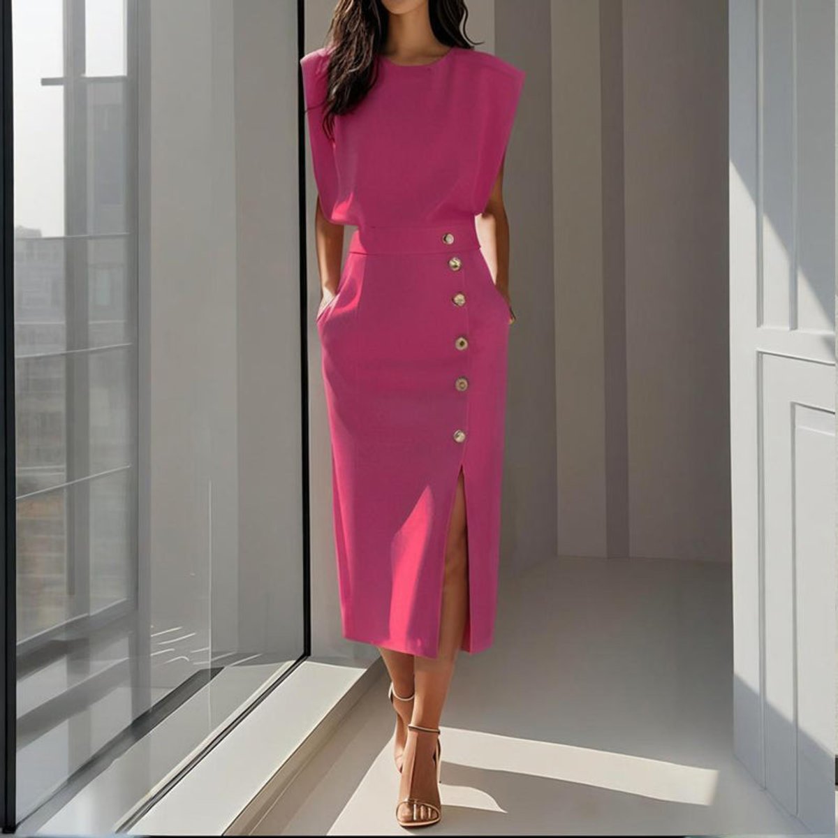 Women's Structured Shoulder Midi Summer Dress Jumpsuit Button Split - Hot Pink