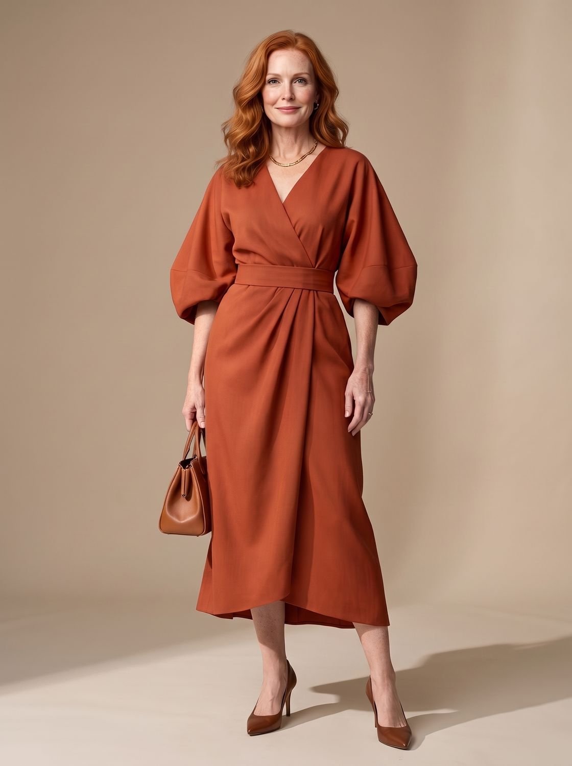 Women's Structured Waist Panel Midi Dress Balloon Sleeves - Brown