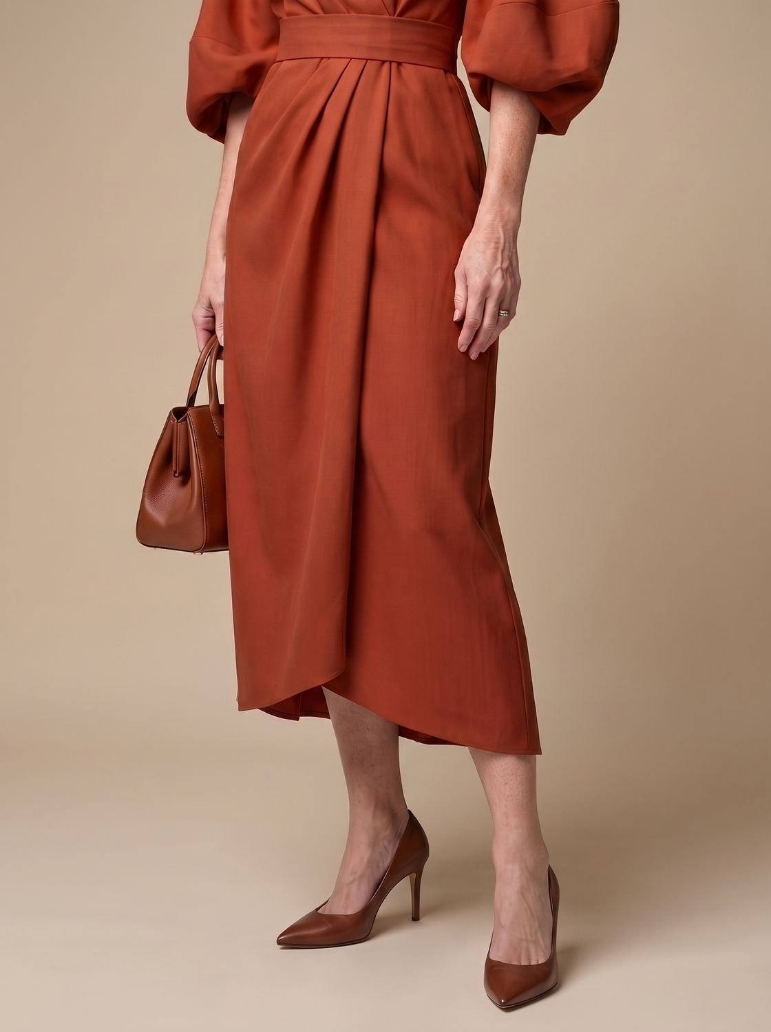 Women's Structured Waist Panel Midi Dress Balloon Sleeves