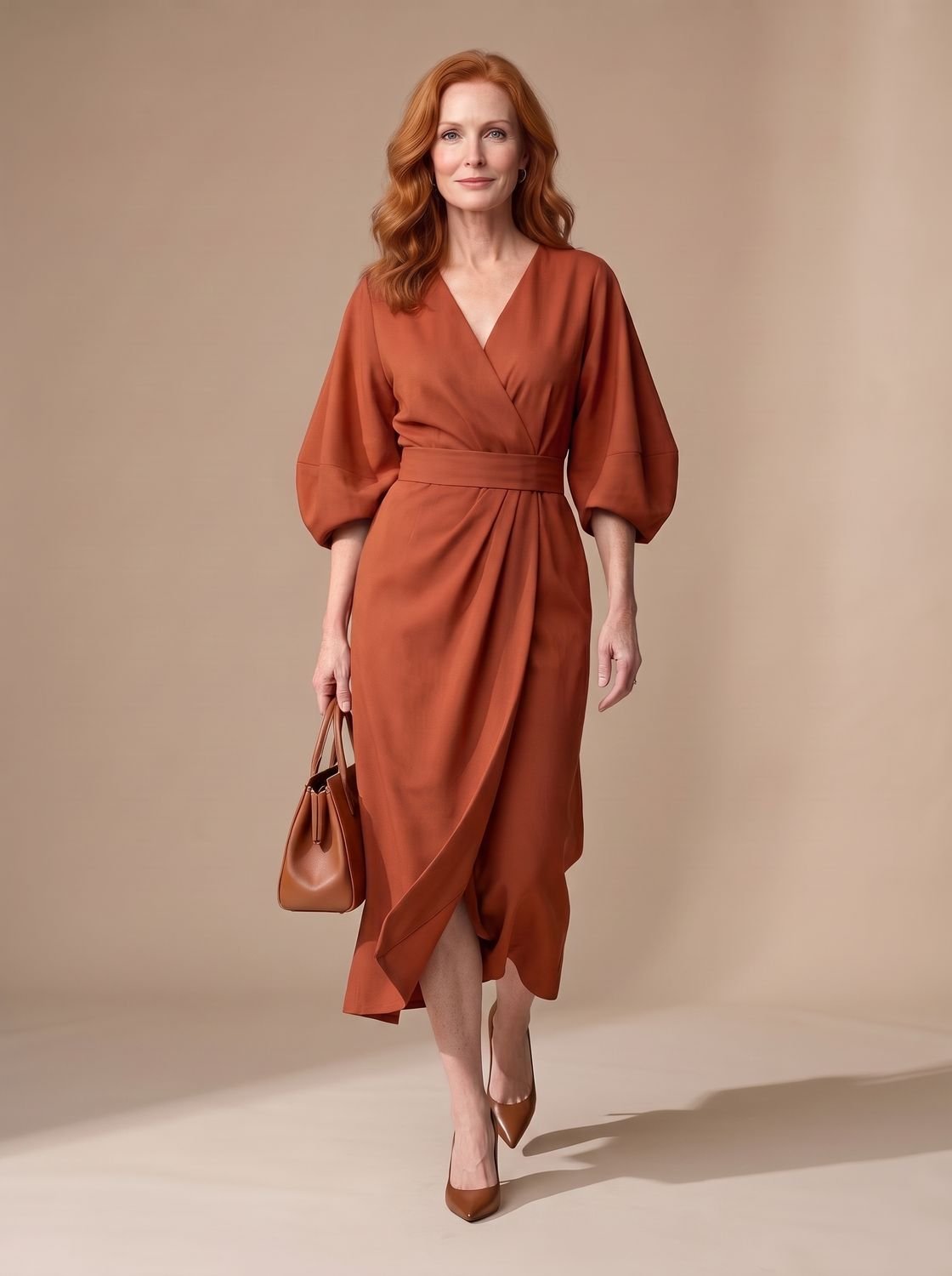 Women's Structured Waist Panel Midi Dress Balloon Sleeves
