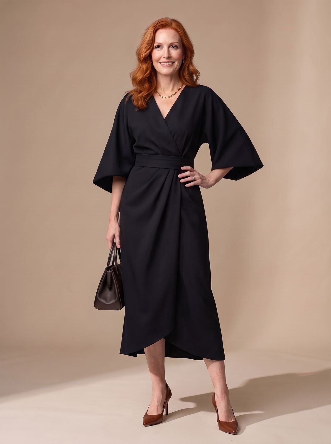 Women's Structured Waist Panel Midi Dress Balloon Sleeves - Black
