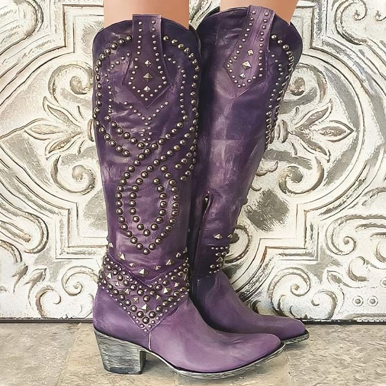 Women's Studded Knee High Boots Western Block Heel Purple - Purple