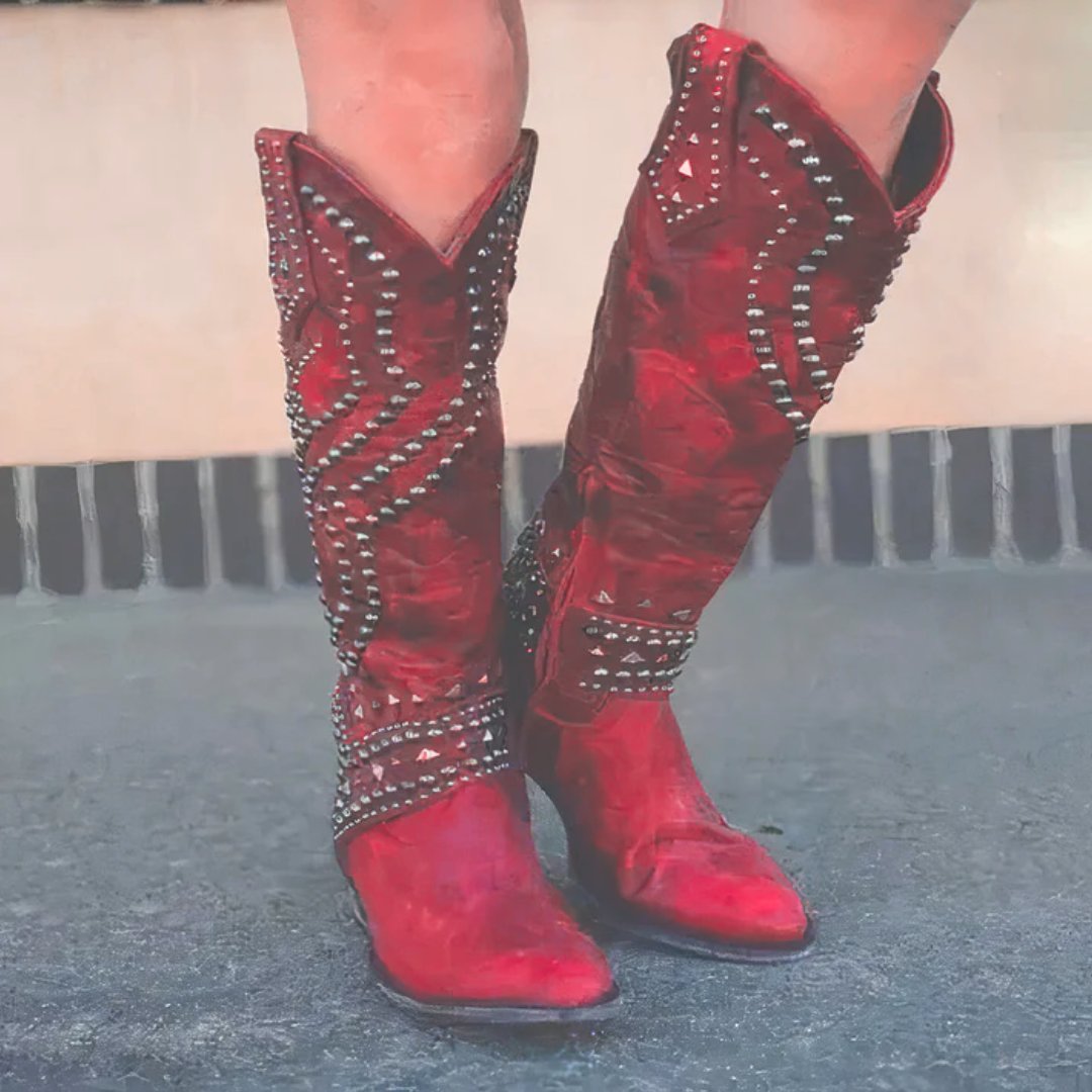 Women's Studded Knee High Boots Western Block Heel Purple - Red