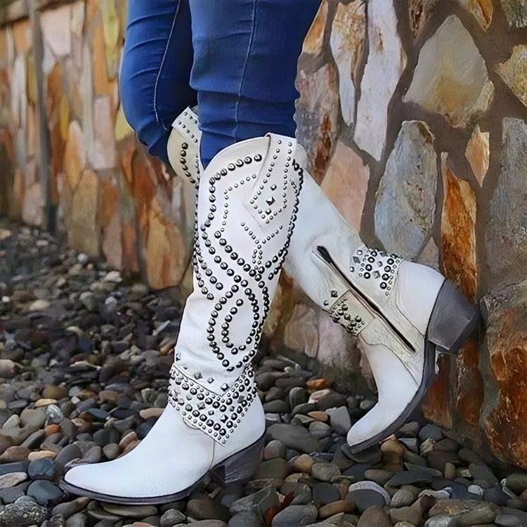 Women's Studded Knee High Boots Western Block Heel Purple - White