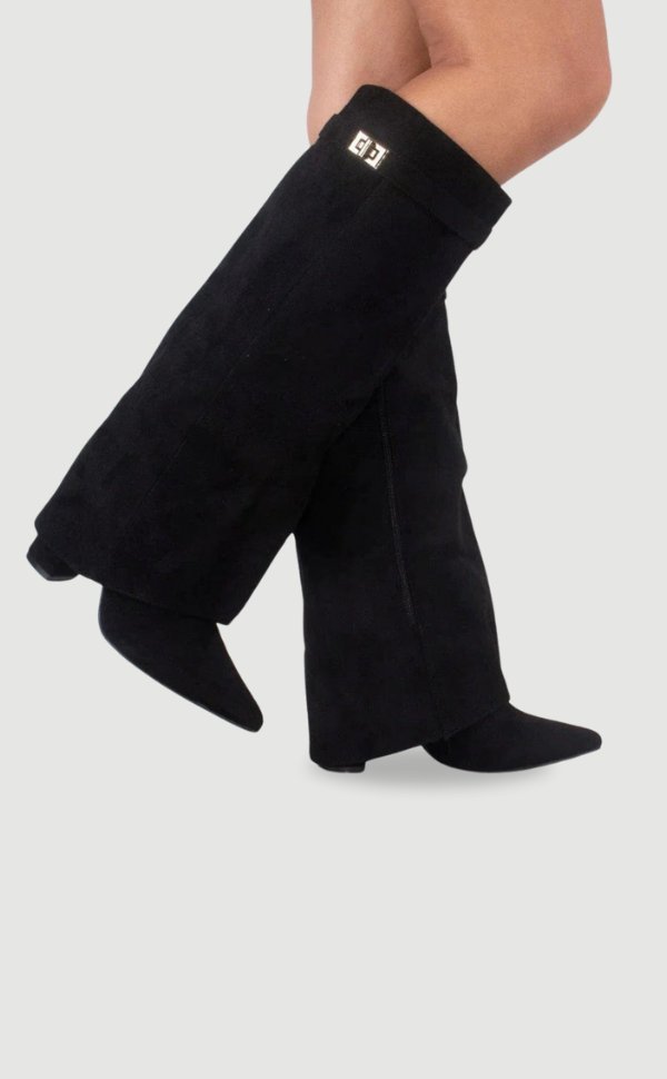 Women's Suede Knee-High Gold Hardware Boots - Schwarz Wildleder