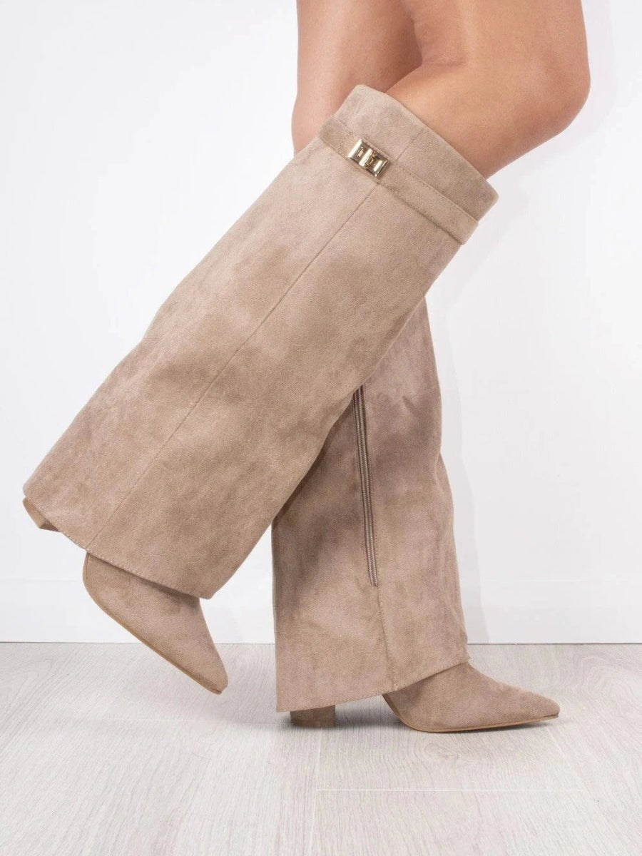 Women's Suede Knee-High Gold Hardware Boots - Beige Wildleder