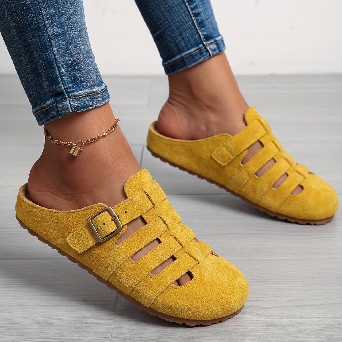 Women's Suede Slip-On Comfort Sandals Buckle Strap Mule Clogs - Yellow