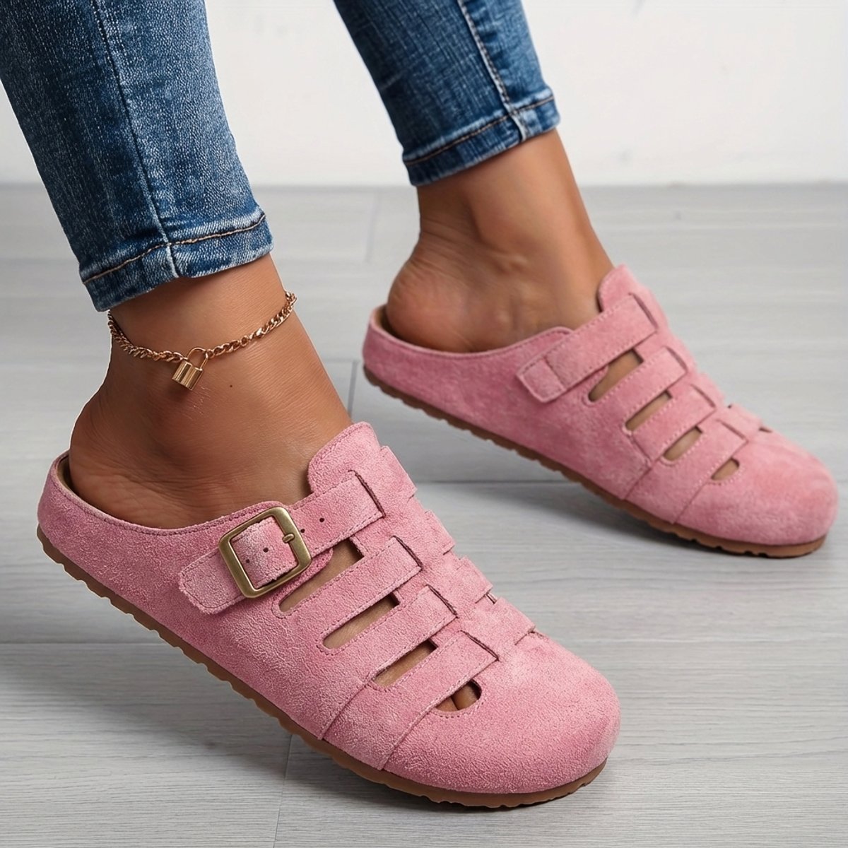 Women's Suede Slip-On Comfort Sandals Buckle Strap Mule Clogs - Pink