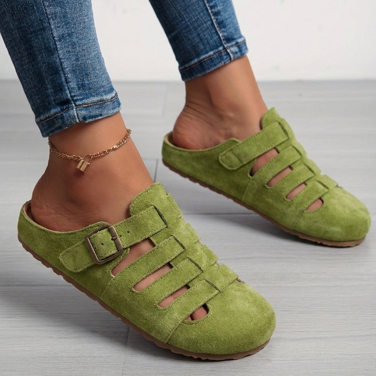 Women's Suede Slip-On Comfort Sandals Buckle Strap Mule Clogs - Green