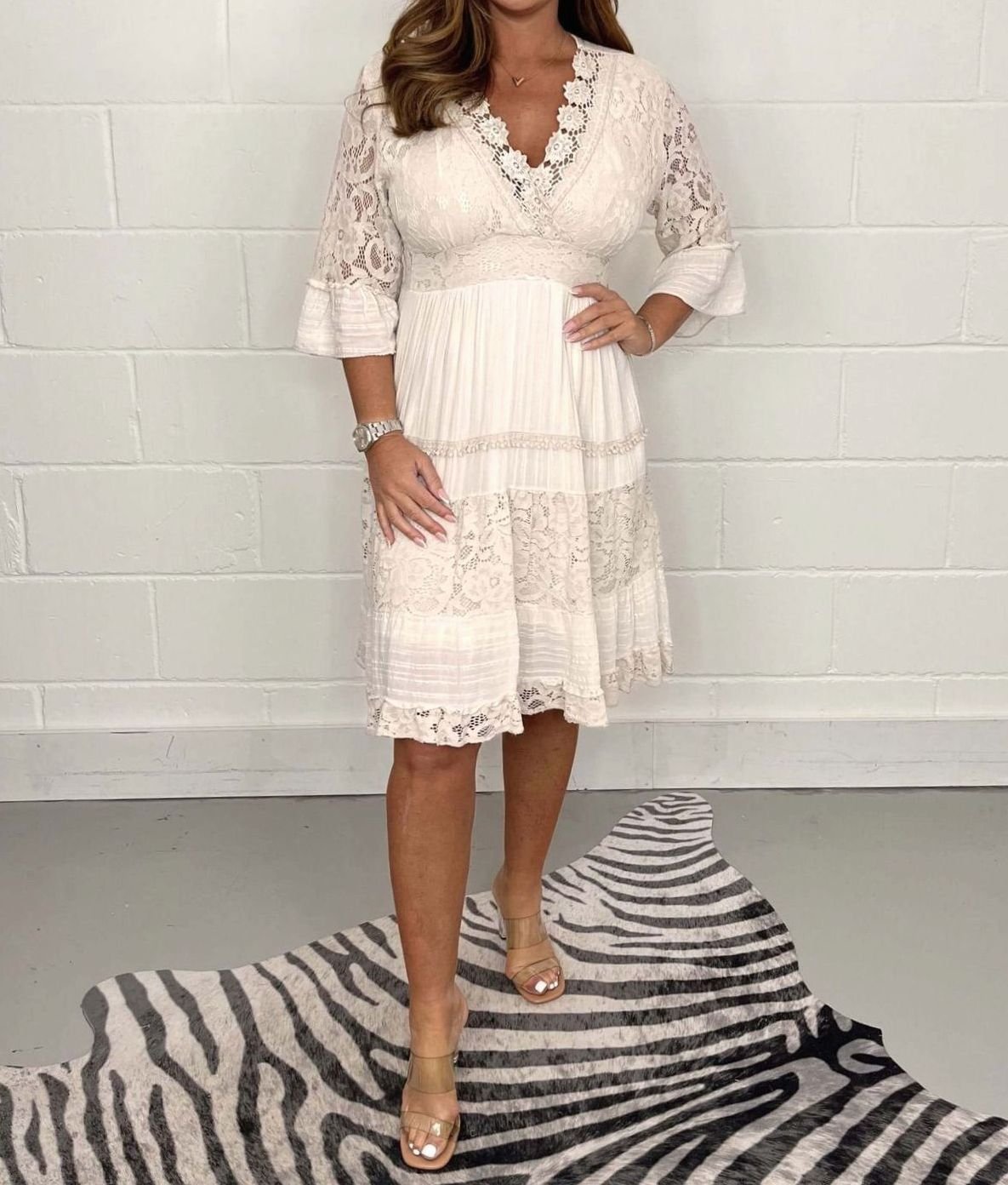 Women's Summer Lace Crochet V-Neck Wedding Guest Dress - White