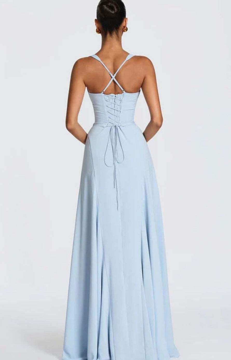 Women's Sweetheart Lace-Up Back Thin Strap Flared Maxi Dress