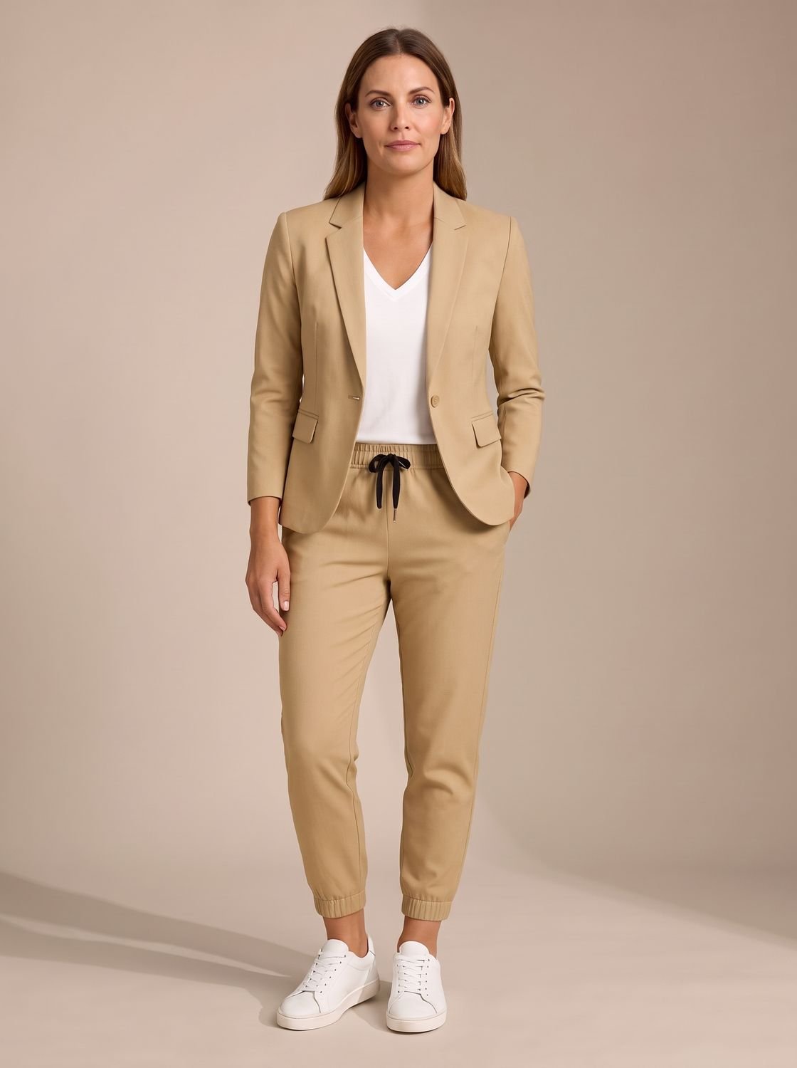 Women's Tailored Blazer Jogger Pants Two-Piece Suit Set - Beige