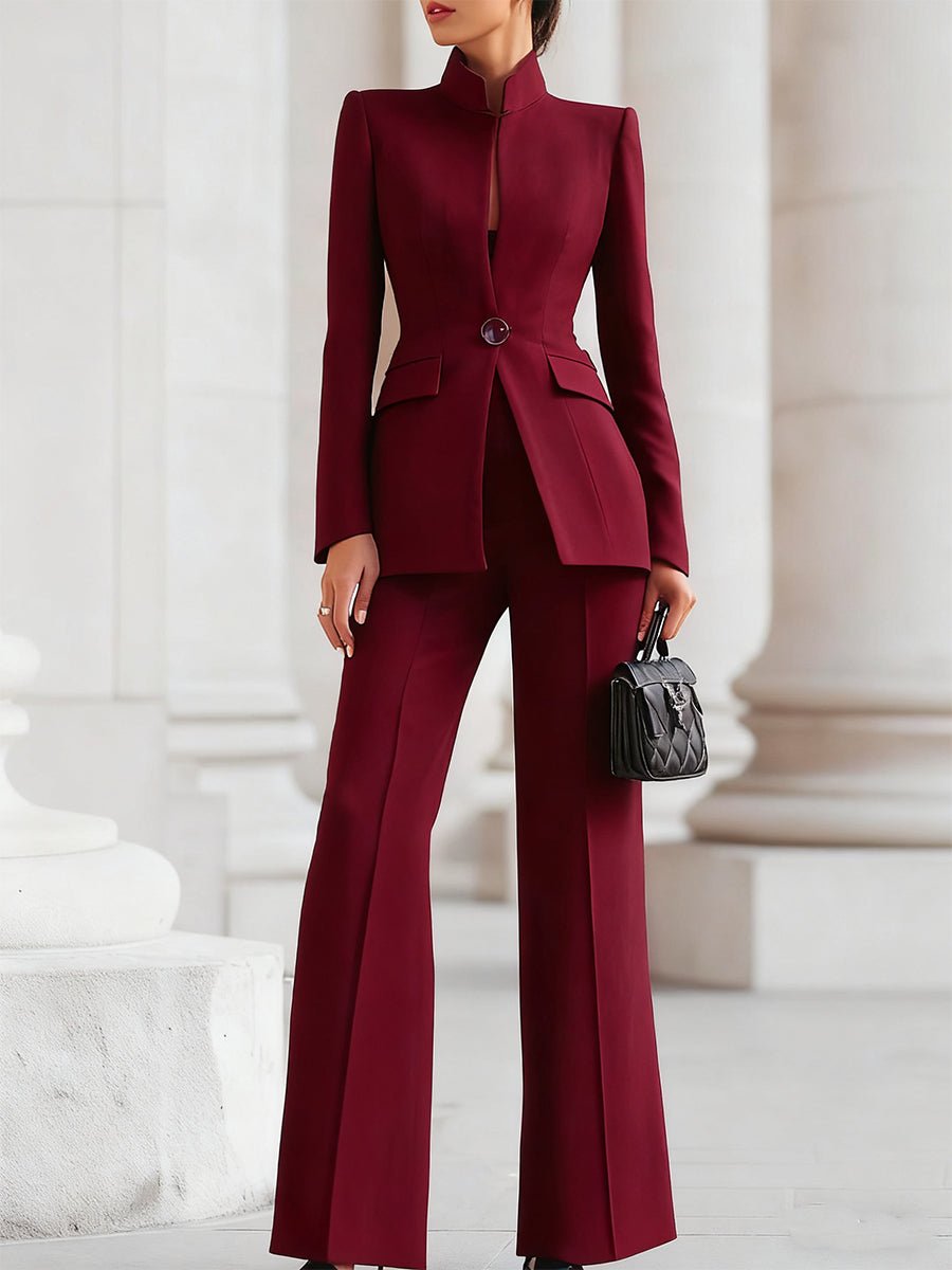 Women's Tailored Blazer Trouser Suit Set Professional - Bordeaux Red