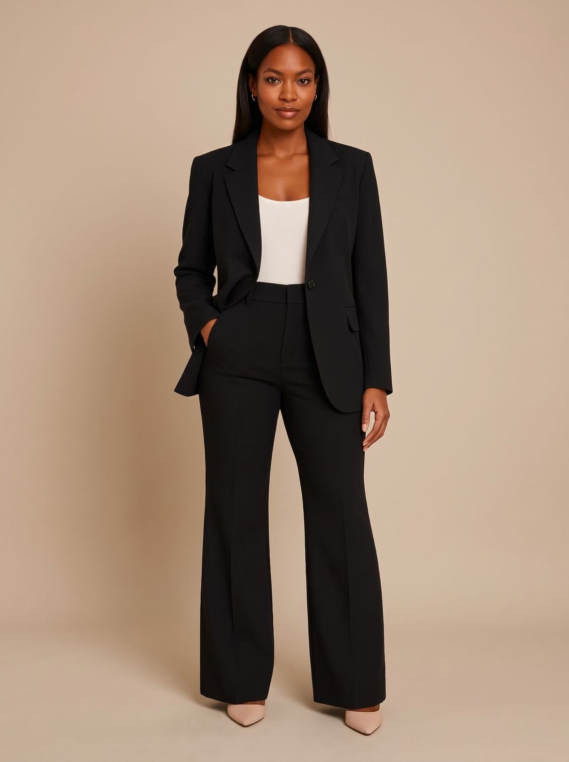Women's Tailored-Fit Wide-Leg Blazer Pants Suit Set - Black