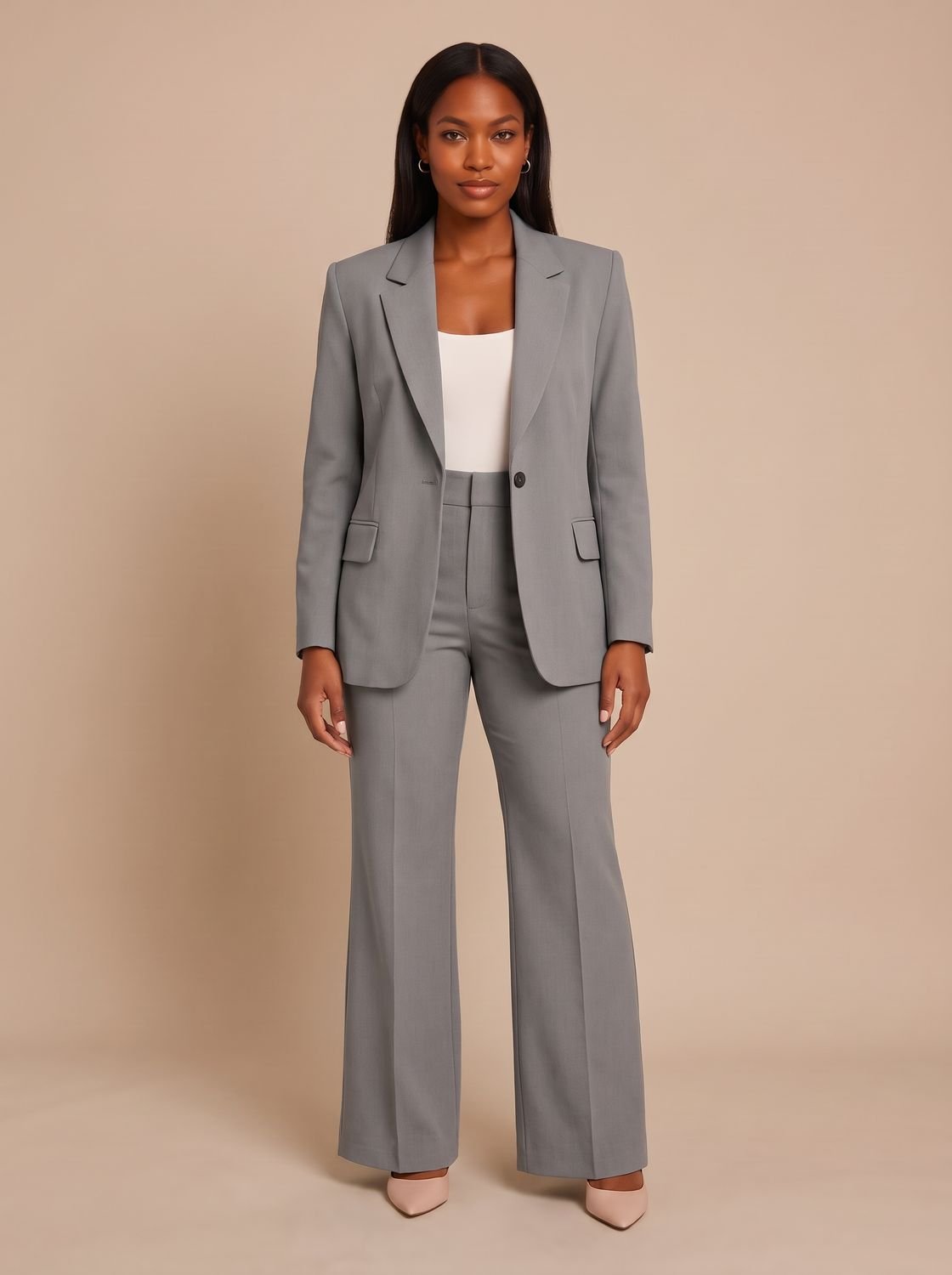 Women's Tailored-Fit Wide-Leg Blazer Pants Suit Set - Grey