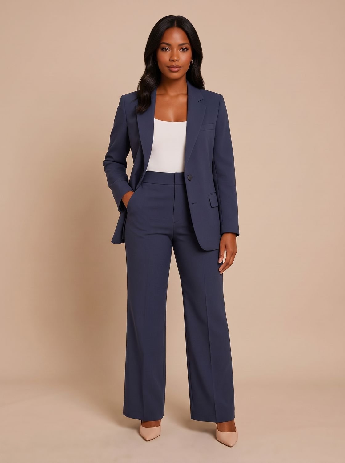 Women's Tailored-Fit Wide-Leg Blazer Pants Suit Set - Navy Blue