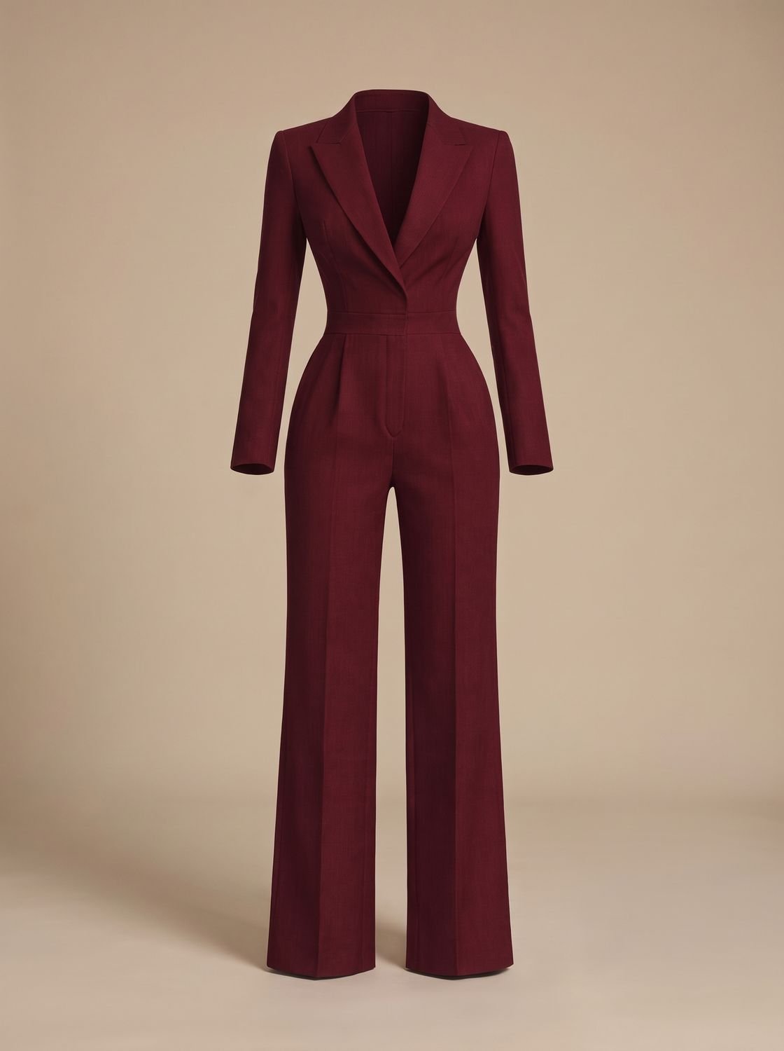 Women's Tailored Wrap-Front Long-Sleeve Wide-Leg Jumpsuit - Red