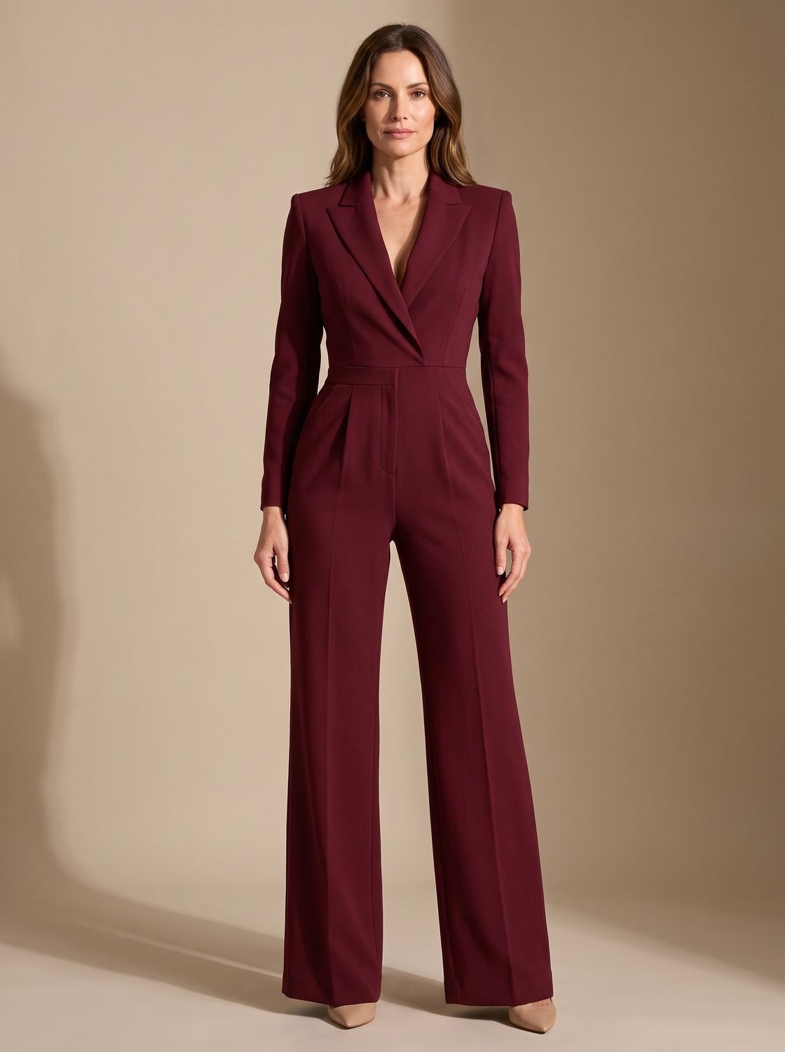 Women's Tailored Wrap-Front Long-Sleeve Wide-Leg Jumpsuit