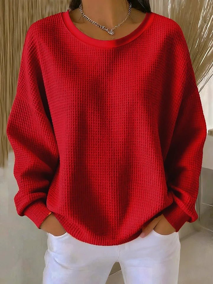 Women's Textured Knit Sweater Relaxed Fit Long Sleeve - Red