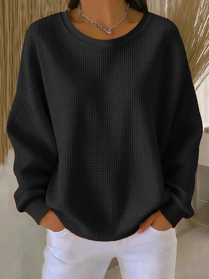 Women's Textured Knit Sweater Relaxed Fit Long Sleeve - Black