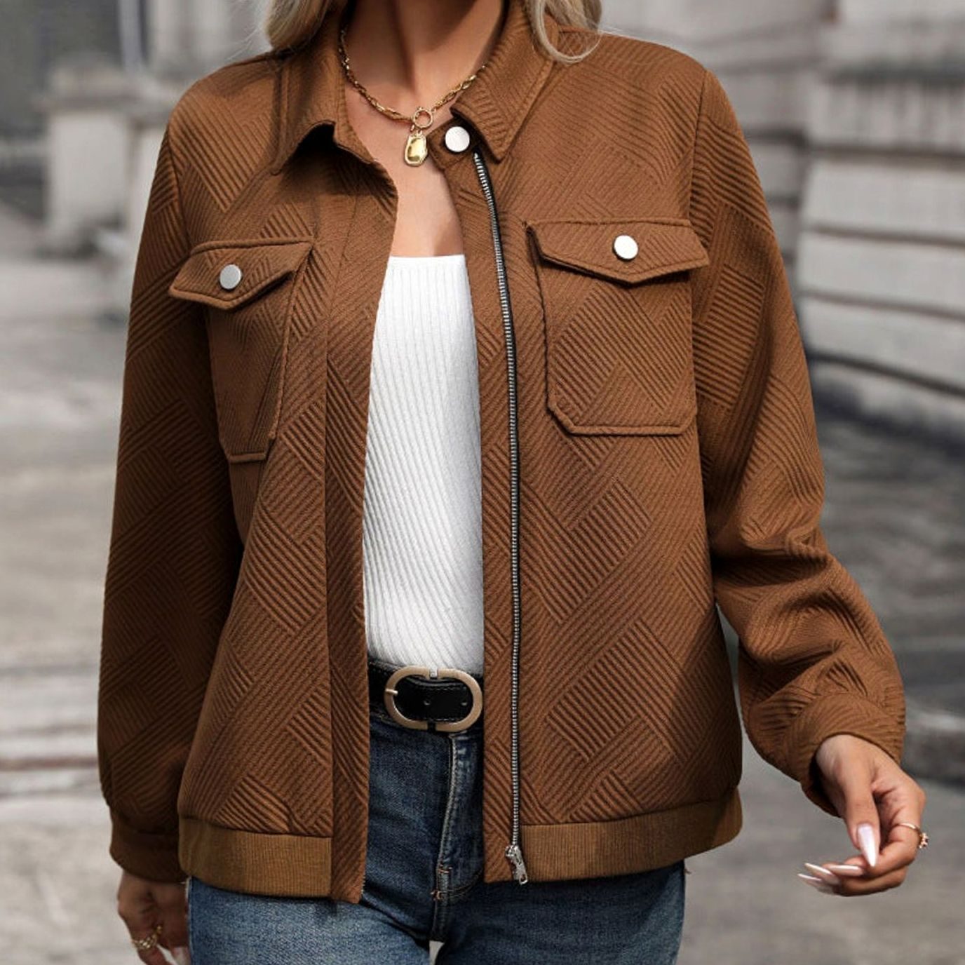 Women's Textured Zip-Up Long Sleeve Jacket Chest Pockets